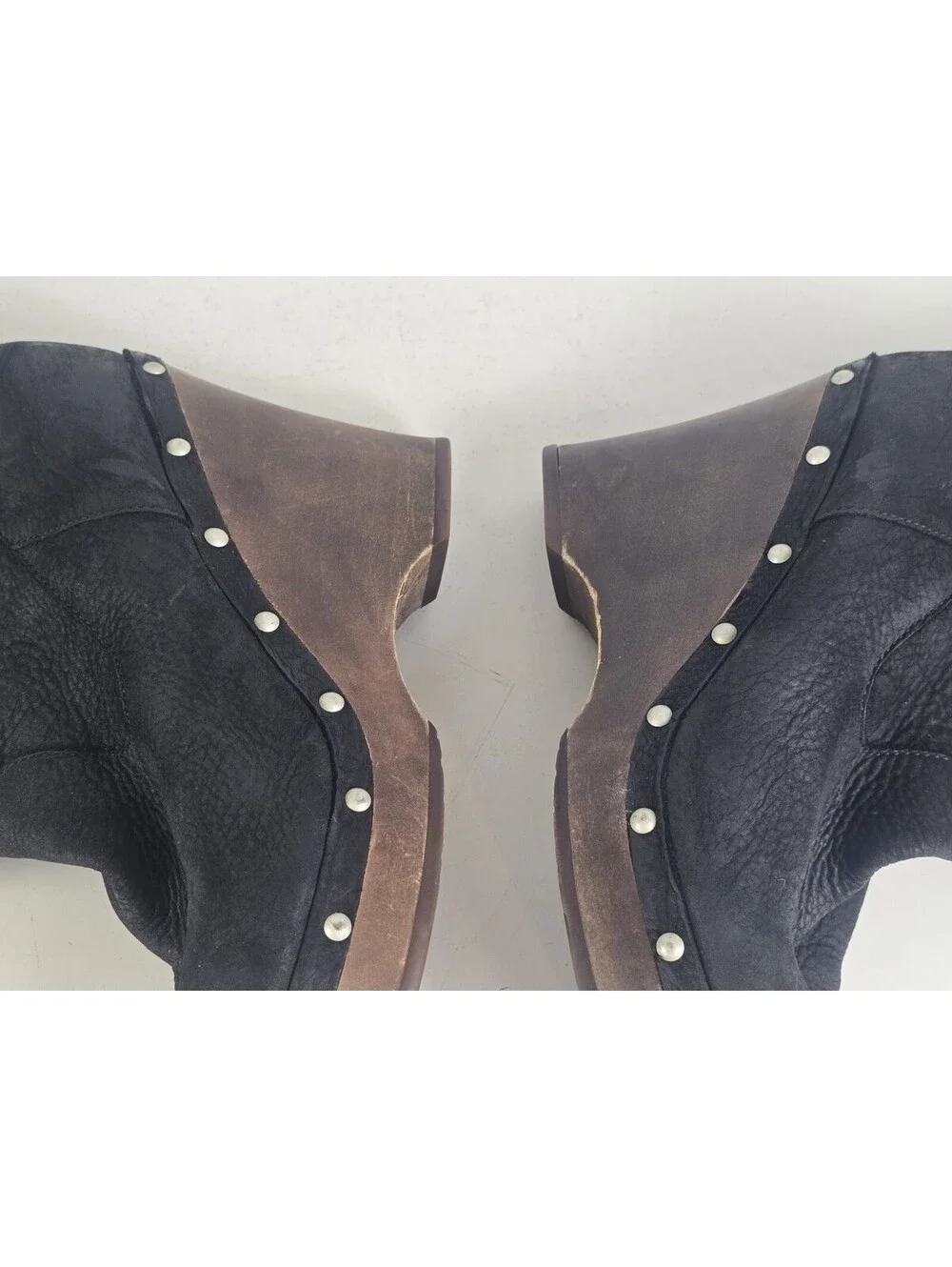 UGG Australia Black Leather Shearling Wedge Clog Boots Studded Wood Heel Size 11